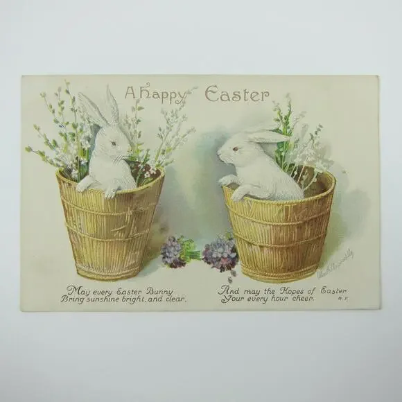 Easter Postcard Two White Rabbits in Baskets Purple Flowers Embossed Antique - Picture 1 of 12